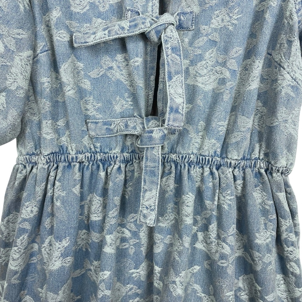Miou Muse Denim + Roses Bow Front A-Line Mini Dress Puff Sleeves Blue Size S - Picture 7 of 13